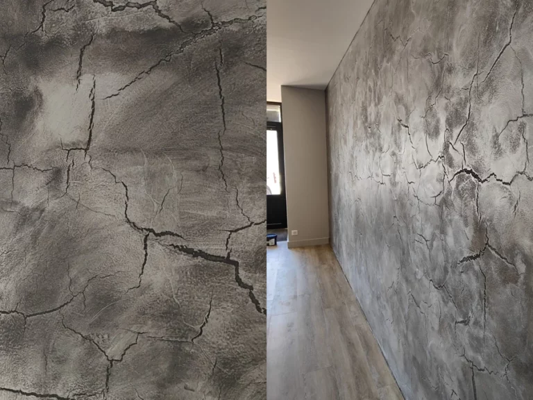 Détails du béton ciré effet craquelé sur le mur d'un salon de coiffure au Haillan (33185) - Le Peintre Aquitain